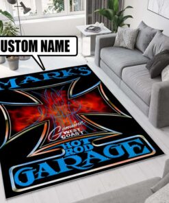 Personalized Hot Rod Garage Iron Cross Rug