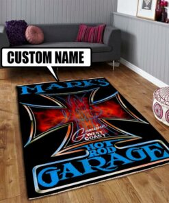 Personalized Hot Rod Garage Iron Cross Rug