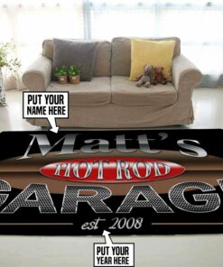 Personalized Name Hot Rod Garage Rug