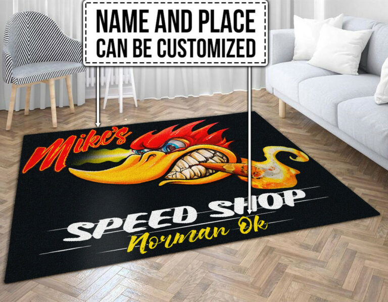 Personalized Hot Rod Woodpecker Speed Shop Area Rug - Dingmun