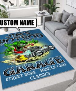 Personalized Rat Fink Hot Rod Garage Rug For Bedroom