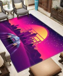 Arcade Space Ship Flying to The Sunset Retro 80s Area Rug