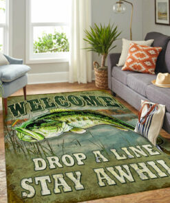 Fishing Welcome Drop A Line Stay Awhite Area Rug