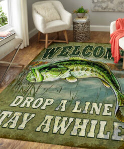 Fishing Welcome Drop A Line Stay Awhite Area Rug