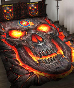 Personalized US Marine Corps Military Veteran Skull Quilt Bedding Set