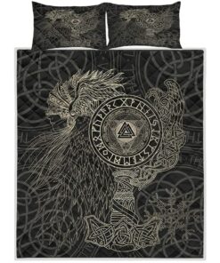 Valknut With Helm Of Awe And Horn Triskelion Viking Quilt Bedding Set