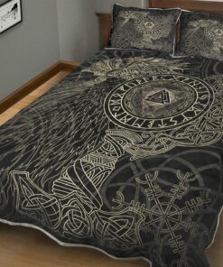 Valknut With Helm Of Awe And Horn Triskelion Viking Quilt Bedding Set