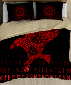 The Red Raven And Rune Viking Quilt Bedding Set