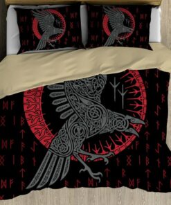 Raven Of Odin Red And Black Viking Quilt Bedding Set