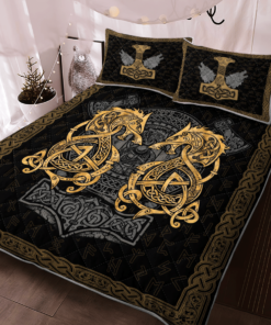 Fenrir Wolf And Hammer Viking Quilt Bedding Set