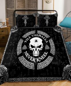 Till Valhalla Never Kneel Skull Viking Quilt Bedding Set