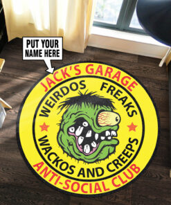 Personalized Garage Anti Social Club Rat Fink Round Rug