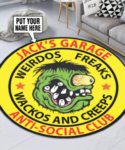 Personalized Garage Anti Social Club Rat Fink Round Rug
