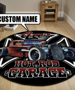 Personalized Hot Rod Garage Round Rugs