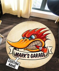 Personalized Woodpecker Hot Rod Garage Round Mat