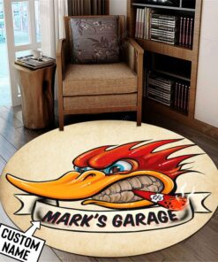 Personalized Woodpecker Hot Rod Garage Round Mat