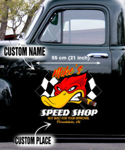 Angry Hot Rod Duck Speed Shop Door Art Vinyl Decals Set 2 Pcs