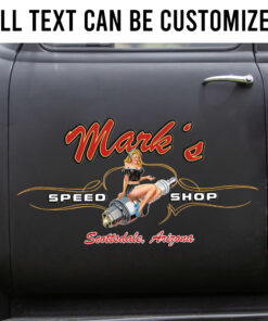 Hot Rod Pinstripe Decals Personalized Pinup Girl Candle Spark Plugs Speed Shop Garage Sticker Set 2 Pcs