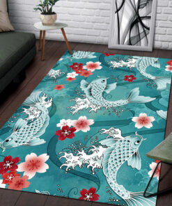 Koi Fish Rug With Sakura Blossom in Turquoise Background