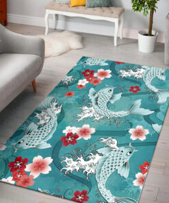 Koi Fish Rug With Sakura Blossom in Turquoise Background