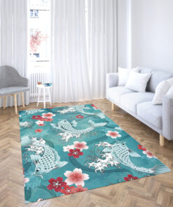Koi Fish Rug With Sakura Blossom in Turquoise Background