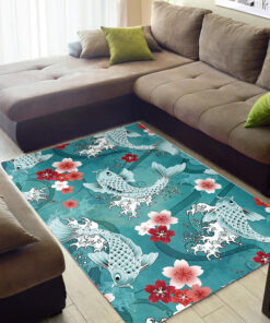 Koi Fish Rug With Sakura Blossom in Turquoise Background