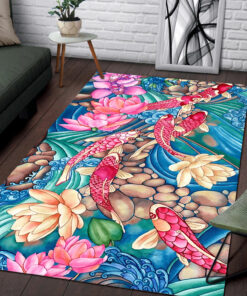 Koi Fish In Lotus Pond Rug Koi Fish Art Rug