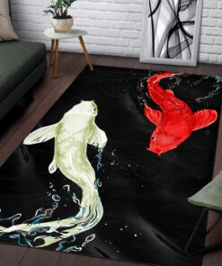 White & Red Koi Fish Rug On Black Background