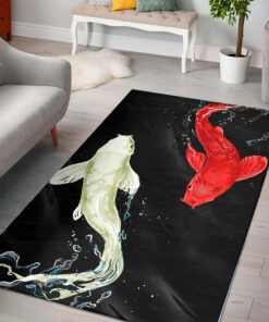 White & Red Koi Fish Rug On Black Background