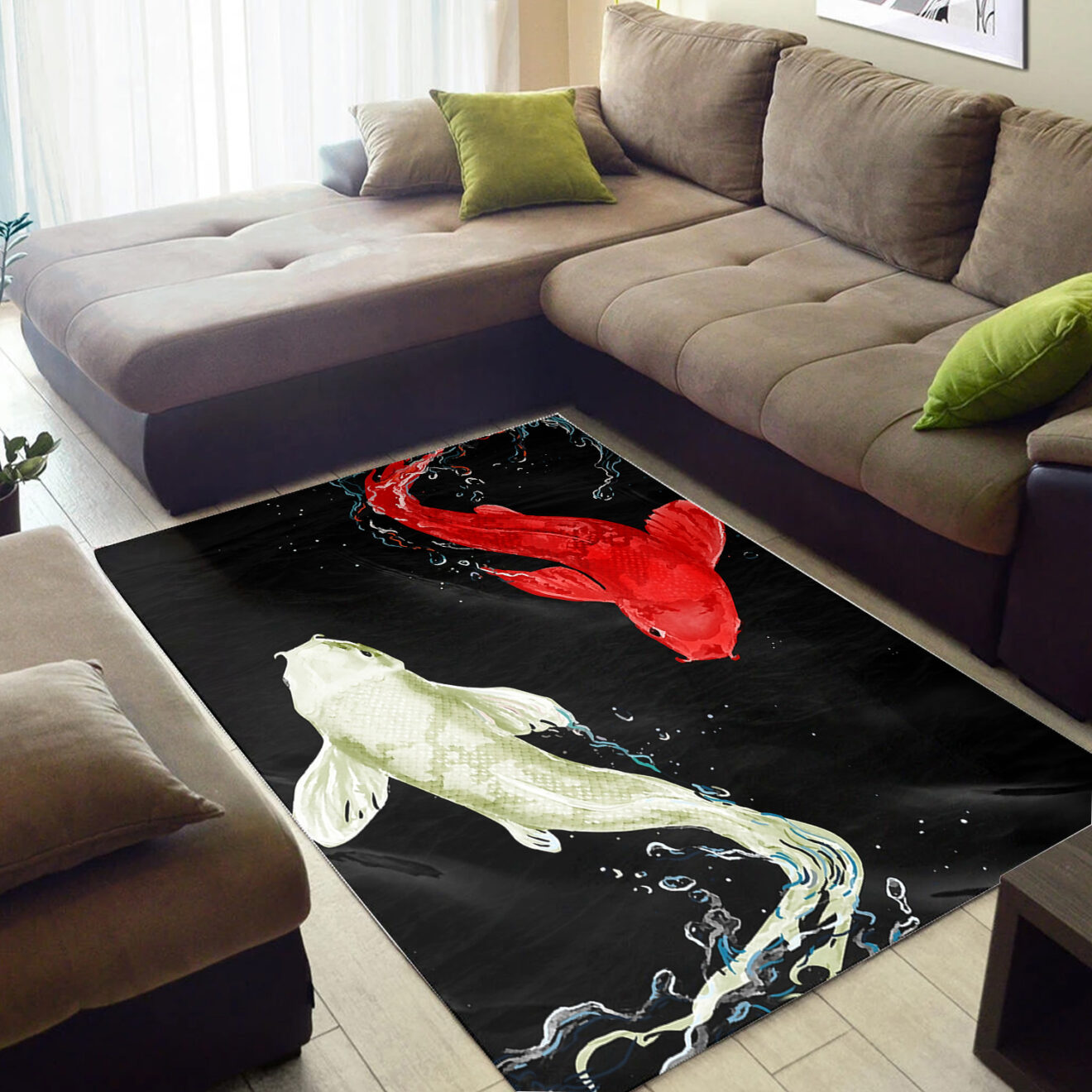 Red Koi Rug White & Red Koi Fish Rug On Black Background - Dingmun