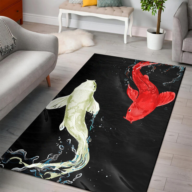 Red Koi Rug White & Red Koi Fish Rug On Black Background - Dingmun