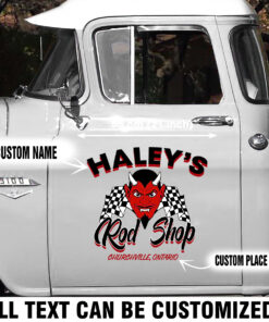 Personalized Hot Rod Speed Shop Red Devil Door Art Sticker Set 2 Pcs