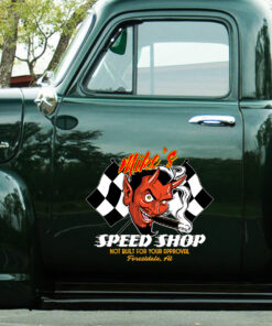 Personalized Speed Shop Red Devil Door Art Sticker Set 2 Pcs
