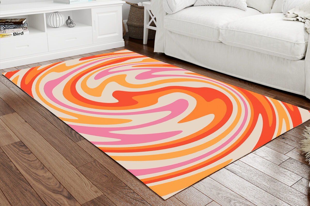 Retro Swirl Orange And Red Color Abstract Printed On 1970s Style Area Rug