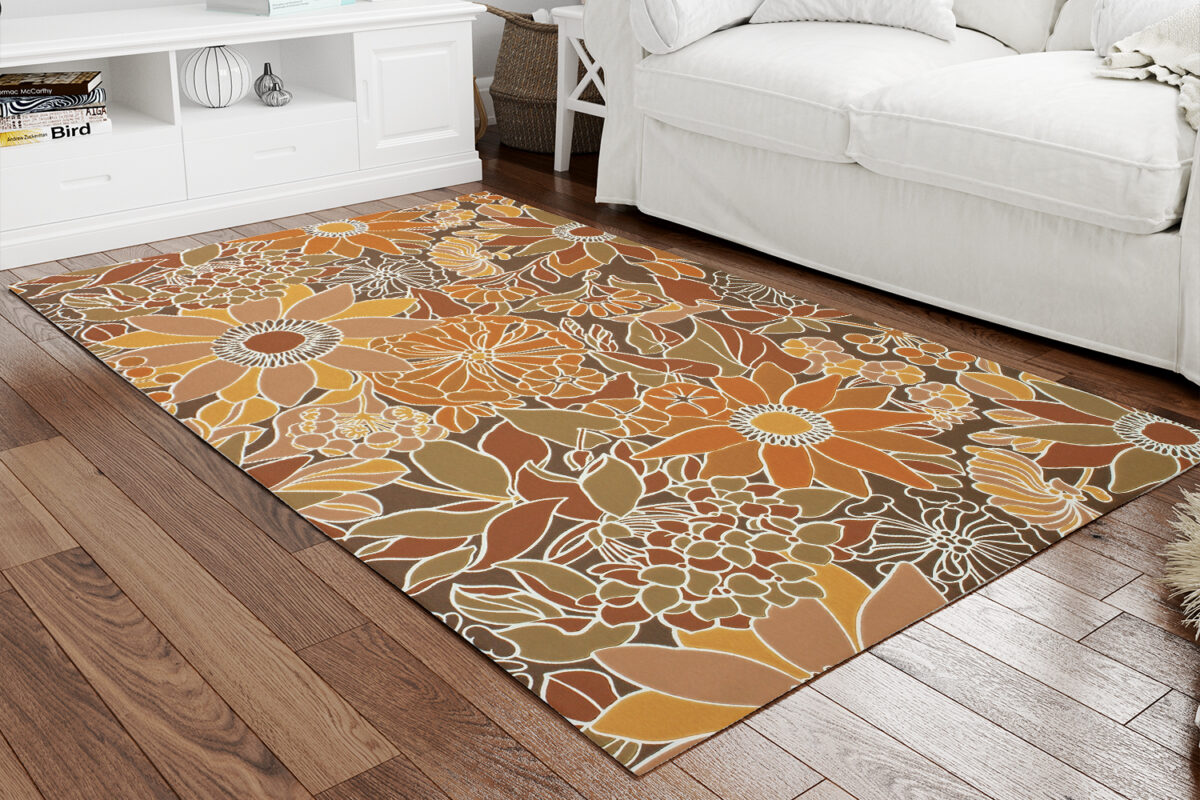 Floral 1970 Style Living Room, Bedroom With Orange And Brown Area Rugs
