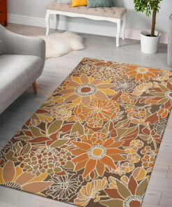 Floral 1970 Style Living Room, Bedroom With Orange And Brown Area Rugs