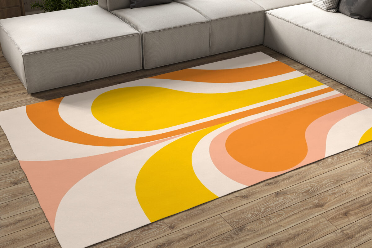 70s Area Rug Retro Groovy Abstract Design in Peach, Orange and Yellow