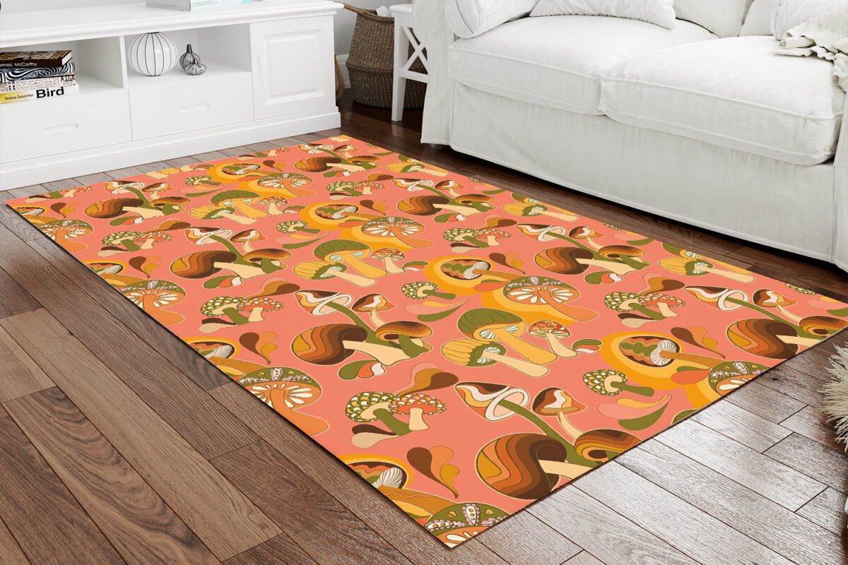 Retro Mushroom Print Pattern Printed On 70s Style Area Rug