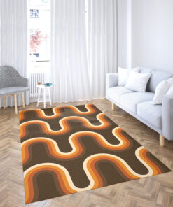 70s Pattern Orange and Brown Waves Mounted Print Area Rug