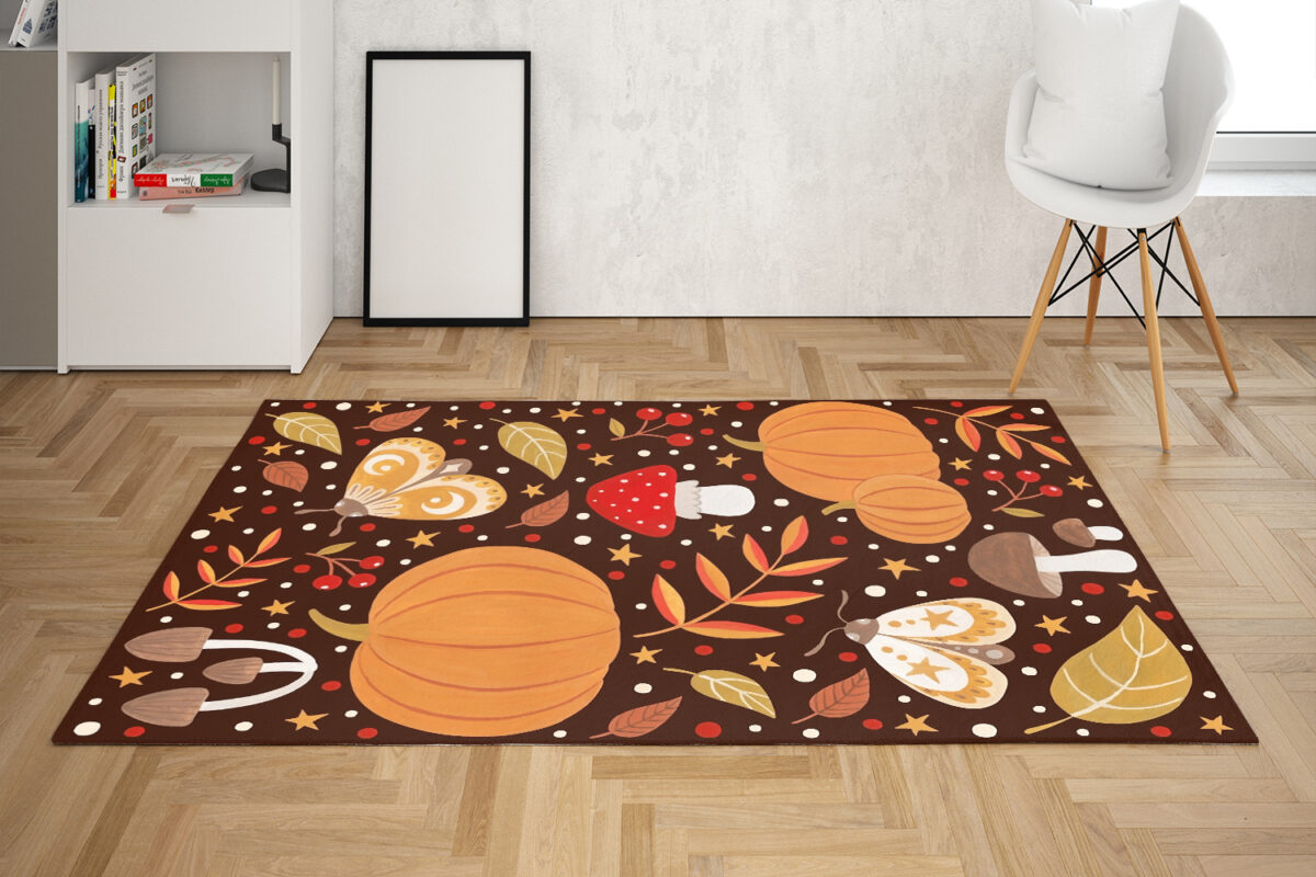 Area Rugs With Orange Pumpkin Butterfly Mushroom Accents