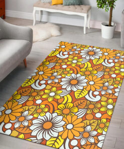 Area Rug With Retro 70s Flower Pattern Printed Art