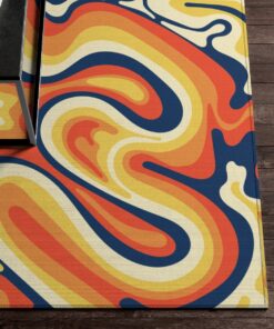 Curvy Groovy 70s Style Rugs With Navy Blue Orange Wavy Retro Colors