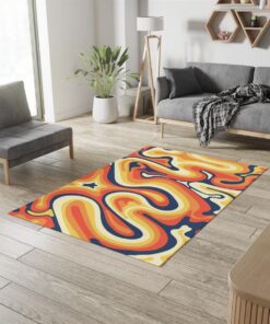 Curvy Groovy 70s Style Rugs With Navy Blue Orange Wavy Retro Colors