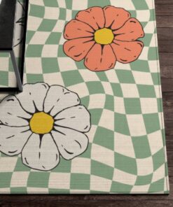 Psychedelic Checkered Rug Daisy Floral Groovy Funky 70s Area Floor Mat