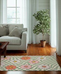 Psychedelic Checkered Rug Daisy Floral Groovy Funky 70s Area Floor Mat