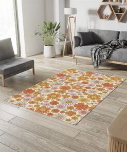 Orange Floral Retro Rug Groovy 70s Area Rug for Bedroom Living Room Aesthetic