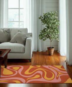 Orange Retro Psychedelic Swirl Groovy Rug, Wavy Trippy Area Rug For 70s Style Room Décor