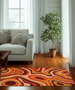 Orange Retro Wavy Trippy Swirl Psychedelic Groovy 70s Area Rug