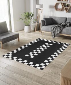 Funky Black & White Checkered Border 70s Area Rug