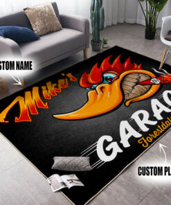 Personalized Hot Rod Garage Woody Mr Horsepower Woodpecker Area Rug